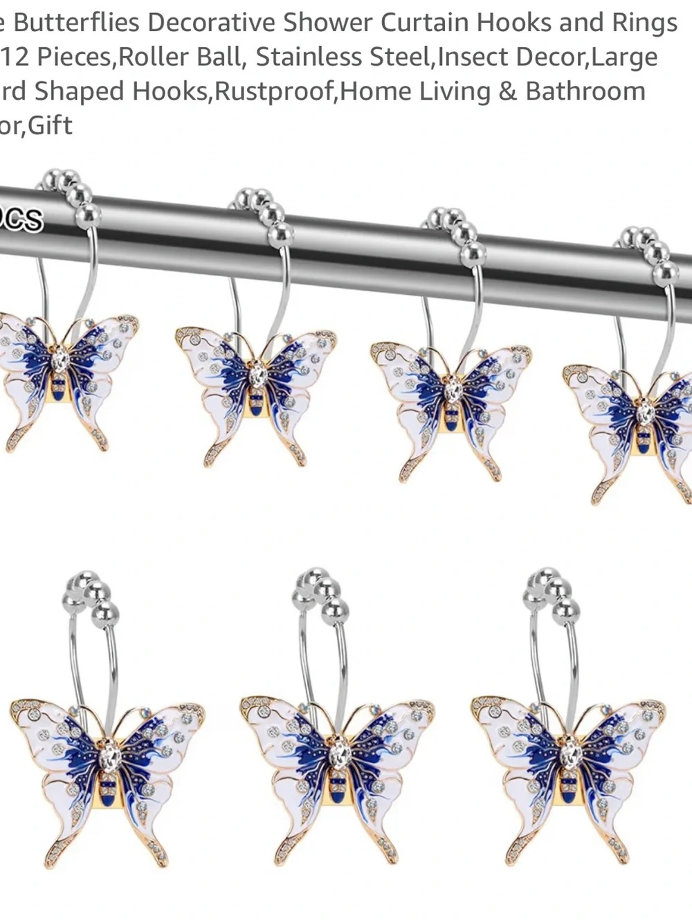 Butterfly Shower Curtain Hooks — Blue & White Decorative Set